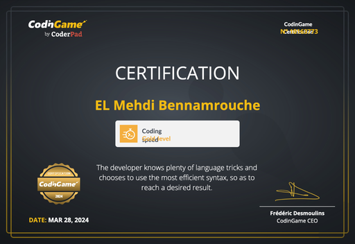 alphaben - Coding Game Speed Certificate